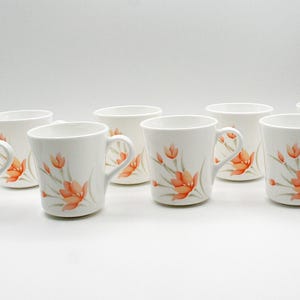 Corelle 1970s Corning USA Peach floral pattern set of 8 mugs coffee tea cups, Retro country kitchen decor, replacement mug, Cottage core