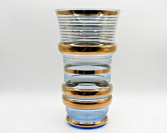 Vintage Italiaanse vaas uit de jaren 50 van blauw glas met gouden en matte rand | Mid-century Italiaans kunstglas voor thuis | Vintage kobaltblauwe vaas