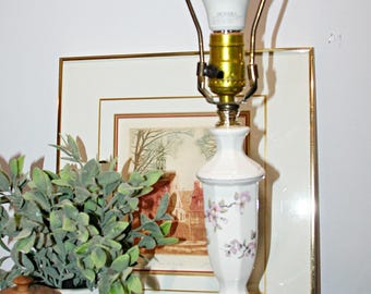 Vintage Pink Floral Ceramic Table Lamp with Gold Base | Retro Bedside Light, Cottagecore Home Decor, Tall Ceramic Accent Lamp