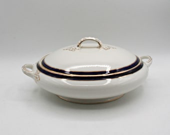Antieke Alfred Meakin Bleu De Roi groenteschaal, kobaltblauw goudkleurig fijn porselein, 1910-1930, afgedekte serveerschaal, gemaakt in Engeland.