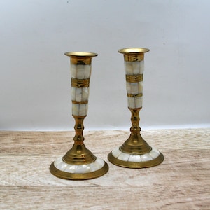 Vintage Mother of Pearl shell & Brass Candlesticks – Pair of Taper Candle Holders – Unique Boho Housewarming Gift –  Antique Table Decor