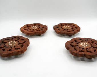 Vintage Hand Carved Wood Trivets with Brass Inlay, Set of 4 Round Wooden Hot Pads, Rustic Boho Kitchen Decor, India Handmade Hostess Gift