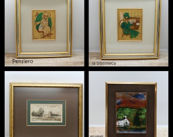 Vintage frame art, GoldCrest Exclusive Made in Italy Gold leaf painting, La bibliotheca, Pensiero, House, Enamel on copper art frame