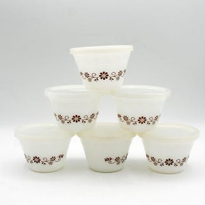 May include: A set of six white milk glass custard cups stacked in a pyramid formation. Each cup features a repeating brown floral vine pattern around the exterior rim. The cups are translucent with a smooth finish and include matching white lids.