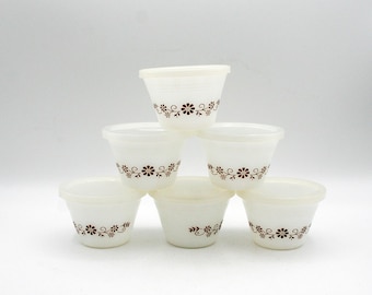 Vintage 1970s brown daisy floral pattern ramekins Milk glass Dynaware Mexico Pyro custard cups, plastic covered custard cups oven to table