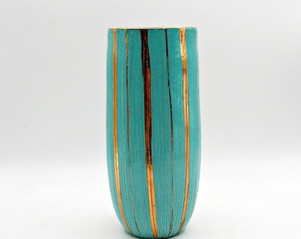 Jarrón de cerámica vintage de mediados de siglo, de la década de 1950, color turquesa y dorado jaspeado, de la marca Horizon, procedente de Italia.