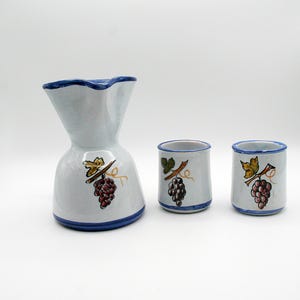 Spanish Hand painted Pottery grape white and blue pitcher and 2 glasses set barware wine sangria, Made in Spain pottery pitcher entertaining