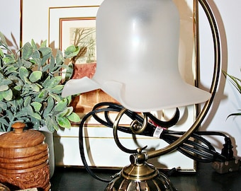 Art Nouveau Revival Table Lamp, Ornate Bronze Water Lily Accent Light, Frosted Etched Glass Shade, Vintage 2000s Romantic Bedroom Decor