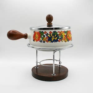 Vintage 1970s Enamel Fondue Pot wood base | Mid Century Modern Retro Dinner Party Cookware | MCM Boho Kitchen Decor