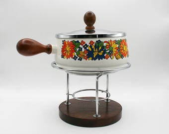 Vintage 1970s Enamel Fondue Pot wood base | Mid Century Modern Retro Dinner Party Cookware | MCM Boho Kitchen Decor