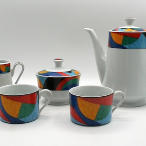 Vintage Coffee teapot 1980s set marked Connoisseur Pablo includes creamer, sugar bowl  2 cups mug, Elegant entertaining set, kitchen decor