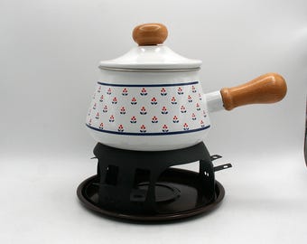 Vintage 1970s Levcoware Enamel Fondue Pot with Base, Retro Blue Red Flower MCM Kitchenware, Cottagecore Mid Century Entertaining Set