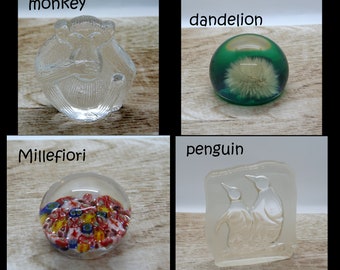 Vintage paperweight, Monkey art glass paperweight, Dandelion Grovehouse paperweight, Penguin art glass paperweight, Millefiori paperweight