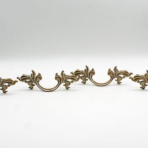 Set of 4 Vintage French Provincial Drawer Pulls, 1970s Brass & Cream Leaf Cabinet Handles, 3" Hole Spacing, Made in Canada