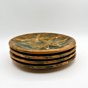 Vintage Beauceware Canada Pottery Fondue Plates Set of 4, Green & Gold Glaze Divided Ceramic Plates, Mid Century Canadian Art Pottery