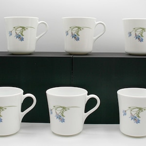 Corelle 1990s Corning USA Blue Dusk pattern set of 6 milk glass mugs coffee tea cups, Retro Country Kitchen decor, Cottage core decor