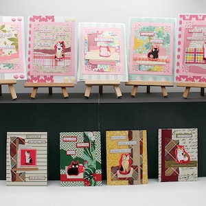 Juego de 5 tarjetas hechas a mano con tapas reversibles, tarjetas de gato sarcástico, tarjetas inspiradoras, interior en blanco, juego de tarjetas de regalo, juego de tarjetas de papelería