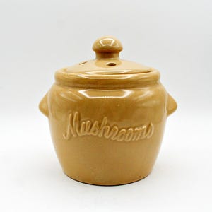 May include: Tan ceramic mushroom pot with a lid and two small handles. The word "Mushrooms" is embossed on the front. The lid has a small knob and several holes for ventilation. A kitchenware item.