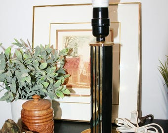 Vintage 1989 Postmodern Table Lamp Base, Black and Gold Geometric Accent Light, Retro 80s Memphis Style Plastic Bedside Lighting