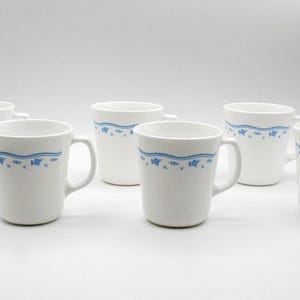 Corelle 1970s Corning USA Morning Blue pattern set of 6 milk glass mugs coffee tea cups, Retro Country Kitchen decor, Cottage core decor