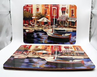 Juego de 4 manteles individuales de corcho vintage - Arte mediterráneo costero de Brent Heighton - Manteles individuales de tablero de fibra Creative Tops - Decoración de mesa grande de 15x11