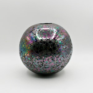 Vintage Raku Pottery Sphere Vase, 1980s Postmodern Iridescent Ceramic Bud Vase, Black Studio Art Pottery, Round Minimalist Decor Gift
