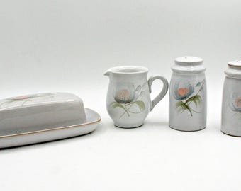 Vintage Denby Whisper Stoneware Set - Butter Dish, Salt & Pepper Shakers, Creamer - Made in England 1980s Floral Pottery