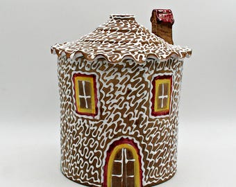 Vintage Italiaanse koektrommel met peperkoekhuisje - handgeschilderde keramische kersttraktatiepot - retro keukendecor Cottagecore - Made in Italy