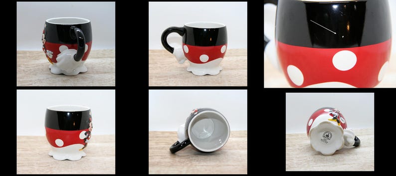 May include: A ceramic mug featuring a design inspired by a popular cartoon character. The mug has a black top, a red midsection with white polka dots, and a white base. The handle is black, and the base is shaped like the character's gloves.