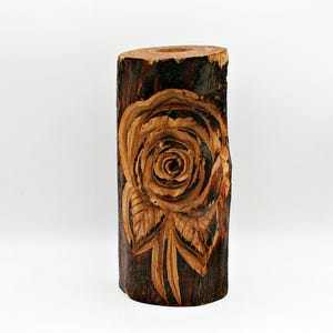 Vintage Live Edge handgeschnitzte Holzrosenvase • Noël Guay St Jean Port Joli Volkskunst • Kerzenhalterskulptur, einzigartiges rustikales Wohndekor