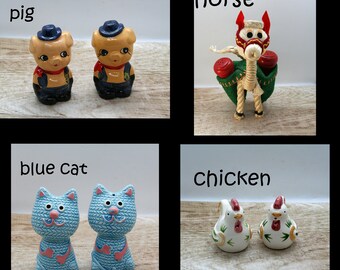 Vintage salt & pepper shakers, pig salt and pepper shakers, Horse shakers, chicken salt and pepper shakers, cat salt and pepper shakers