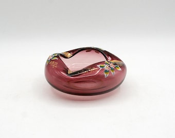 Vintage Amethyst Glass Ashtray, Hand Painted Enameled Flowers, Bohemian Czech Art Glass Trinket Dish, Purple Mid Century Decor