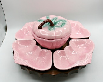 Vintage Pink Strawberry Lazy Susan Serving Set | 70s California Pottery Belmar 310 | Ceramic Snack Dip Dishes with Lid