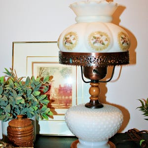 Mid century Hurricane electric parlor lamps with yellow daisy floral design white hobnail milk glass shade Gone with the wind 3 way lighting