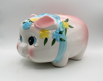 Vintage mid century Anthropomorphic jumbo adorable piggy bank with ribbon and flower, Made in Taiwan for Giftcraft, Retro bedroom decor