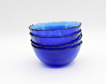 Vintage 1980 Arcoroc France Cobalt Blue Glass Bowls, Set of 4, Rosa Pattern Scalloped Edge Small Bowls, Cottagecore Kitchen Decor, 4.75 Inch