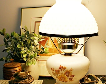Vintage Milk Glass Hurricane Lamp, Floral Parlor Light with Hobnail Shade, Mid Century Cottagecore Table Lamp, GWTW Electric Accent Light