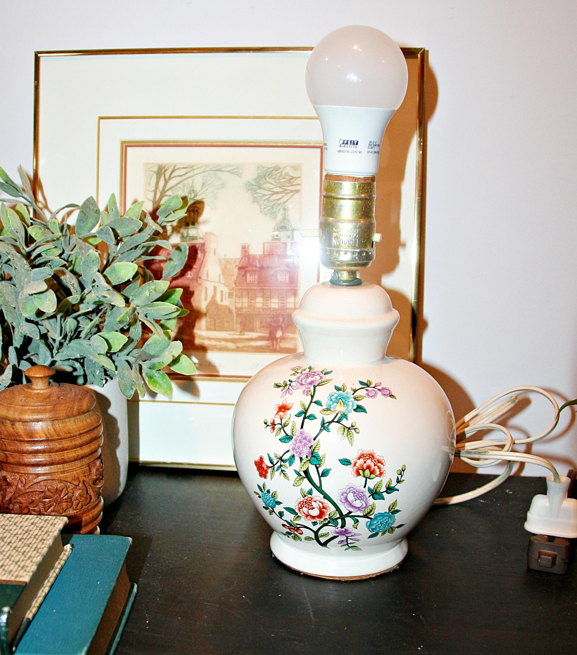 Vintage 1980s Floral Ginger Jar Lamp, Purple Teal Orange