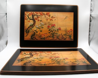 Vintage Pimpernel Cork Placemats Set of 4, Chinese Screen Pattern, Made in England Table Decor 16x12