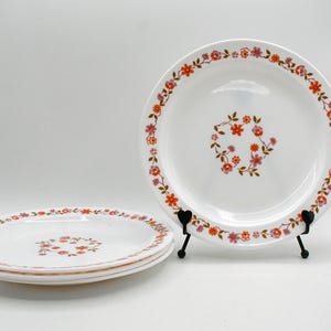May include: A set of white ceramic plates featuring a floral pattern with orange, pink, and brown flowers and green leaves. The design includes a circular border of flowers around the rim and a smaller floral cluster in the center of each plate.