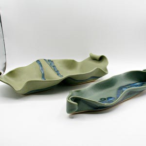 Set of 2 Hilborn Studio Pottery Dishes, Earthy Organic Teal Sage Green Drip Glaze, Signed Canadian Art Pottery, Mid Century Modern Decor