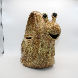 Vintage large speckled ceramic snail shaped planter or watering can, 12  x 15 long x 7.5 inches, Whimsical cute slug gardener home decor