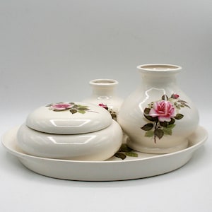 Vintage ceramic pink roses vanity set, rose trinket jewelry dish, pink roses two size vases, Retro boudoir cottage core bedroom table decor