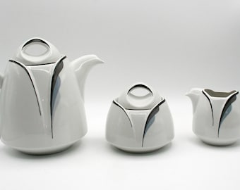 Juego de tetera de porcelana polaca Chodziez vintage, tetera y cafetera de cerámica polaca de mediados de siglo, cremera y azucarero, servicio de té moderno de mediados de siglo.