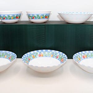 May include: Six white ceramic bowls, three on a dark green surface and three on a white surface. Each bowl features a blue and white chequered rim with a colourful fruit and vegetable design.