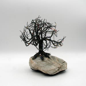 Vintage hand made rainbow black and white color wire tree sculpture on rock, Fantasy tree, Tree Wire Art, Bonsai Tree, Table top Home Decor
