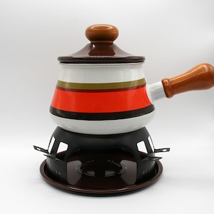 Vintage 1970s Levcoware speckled and stripe enamel fondue pot with a base with wood handle Modern Mid Century Retro Dinner Party Bohemian