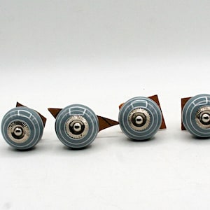 Set of 4 Vintage Blue Grey Ceramic Knobs, Silver Detailed Retro Drawer Pulls, Antique Furniture Hardware for Dresser Cabinets