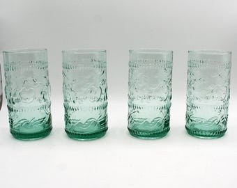 Vintage turquoisegroene glazen set van 4, Libbey Orchard Fruit Apple Leaf patroon, barbenodigdheden uit het midden van de 20e eeuw, waterglazen