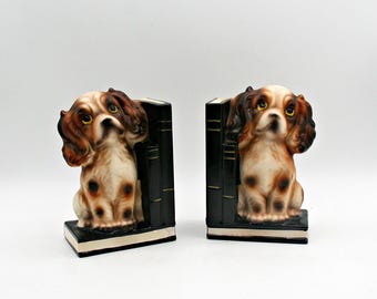 Vintage MCM Spaniel Dog Bookends, ESD Japan Hand Painted Ceramic Porcelain Figurines, Retro Library Decor, Gift for Dog Lover